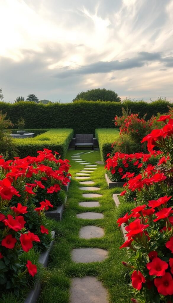 A lush, verdant garden plan layout, with a bold red flower border as the central focus. In the foreground, vibrant crimson blooms cascade over raised garden beds, their fiery petals glistening under the warm, golden-hour sun. In the middle ground, a winding stone pathway meanders through the landscape, inviting exploration. The background features a neatly trimmed hedge, creating a natural frame and a sense of structure, while wispy, atmospheric clouds drift overhead, adding depth and a sense of tranquility. The overall composition strikes a harmonious balance between the bold, striking red flowers and the serene, naturalistic surroundings, capturing the essence of a perfectly planned, immersive red flower garden.