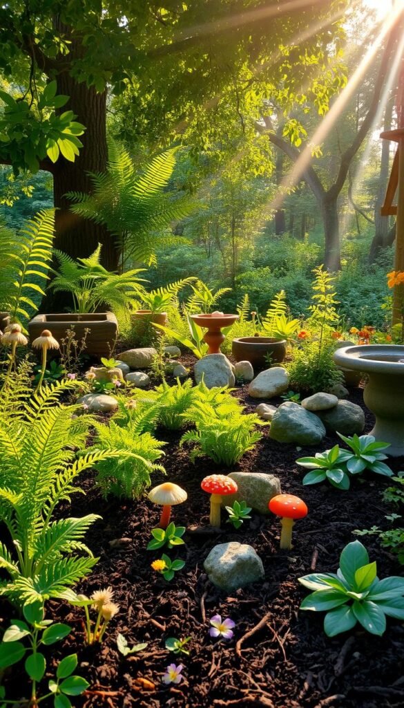 A lush, verdant garden scene depicting the essential elements for a fairy-inspired children's play space. In the foreground, a diverse array of thriving plants - delicate ferns, vibrant wildflowers, and whimsical toadstools - emerge from rich, dark soil. Rays of warm, diffused sunlight filter through the canopy above, casting a gentle glow over the scene. In the middle ground, an assortment of natural garden accessories - mossy stones, weathered wooden planters, and a small birdbath - add to the enchanting ambiance. The background features a dense, magical forest, hinting at the wonders that await beyond the garden's edge. The overall atmosphere is one of nurturing, discovery, and boundless imagination.