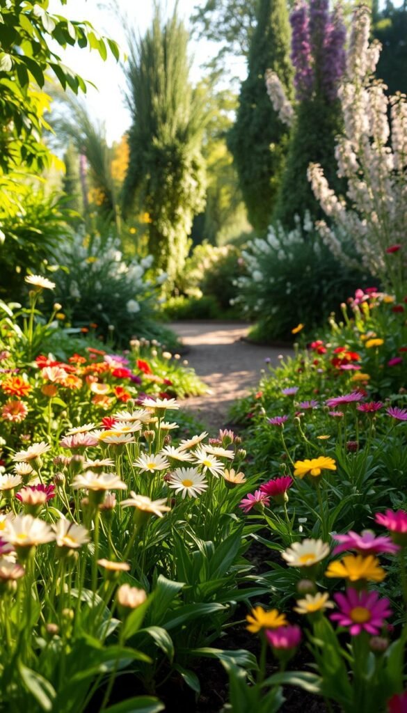 A lush, verdant garden scene unfolds, showcasing the intricate planning of a vibrant flower bed. In the foreground, an array of blooms in varying heights and textures intermingle, creating a harmonious tapestry of colors and shapes. Delicate petals sway gently in a soft, natural light, casting warm shadows across the well-tended soil. The middle ground features a winding path, inviting the viewer to explore the carefully curated garden layout. Towering perennials and shrubs in the background provide depth and a sense of enclosure, framing the scene and guiding the eye toward the focal point - a stunning centerpiece plant or ornamental feature. The overall atmosphere is one of serene tranquility, inspiring the viewer to envision their own perfect flower bed.