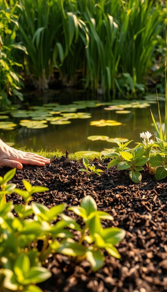 A lush, verdant garden scene with a focus on the application of mulch. In the foreground, a gardener's hands carefully spread a layer of rich, dark mulch around the base of various plants, ensuring even coverage. The middle ground showcases the vibrant greenery of the plants, their leaves gently swaying in a soft breeze. In the background, a tranquil pond reflects the surroundings, creating a serene atmosphere. Warm, natural lighting casts a golden glow, accentuating the textures of the mulch and the verdant foliage. The overall composition conveys a sense of order, attention to detail, and the importance of mulch in water conservation and soil health.
