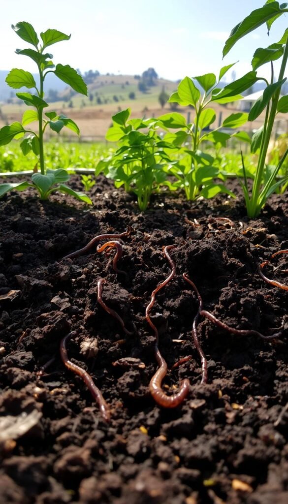 A lush, verdant garden scene with healthy soil teeming with life. In the foreground, a close-up view of the soil surface reveals a diverse array of decomposing organic matter, earthworms, and other beneficial microorganisms, indicating a thriving, undisturbed ecosystem. The middle ground showcases vibrant, flourishing plants with deep, extensive root systems, their leaves gently swaying in a soft, diffused natural light. In the background, a serene landscape with rolling hills, scattered trees, and a glimpse of a clear sky, conveying a sense of balance and harmony. The overall atmosphere is one of tranquility, sustainability, and the gentle cycle of growth and renewal, reflecting the principles of no-till gardening.