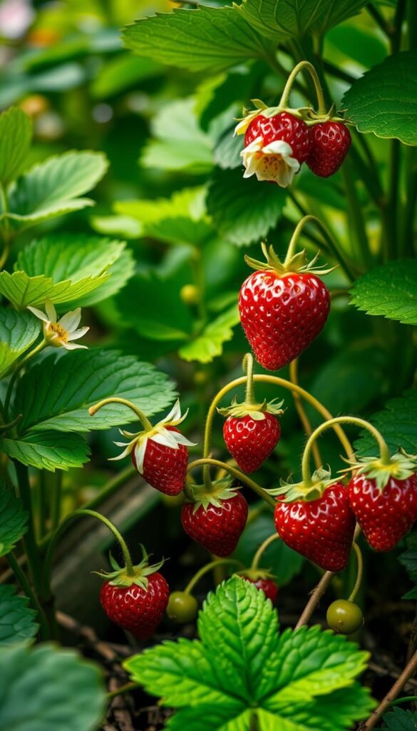 A lush, verdant garden setting showcasing the stages of strawberry growth. In the foreground, vibrant green leaves unfurl, revealing delicate white blossoms that give way to plump, glistening red berries in various states of ripeness. The middle ground features the plant's development, from tiny green fruit to the iconic heart-shaped, ruby-red berries. In the background, a subtle hazy light filters through, creating a soft, romantic atmosphere. Detailed, high-resolution, photorealistic, natural lighting, cinematic composition.