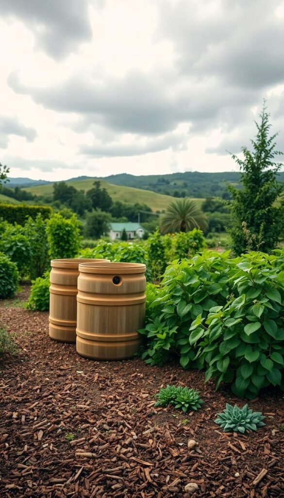 A lush, verdant garden setting with a backdrop of rolling hills and a cloudy, atmospheric sky. In the foreground, a pair of rain barrels stand prominently, their earthy tones contrasting with the vibrant greenery around them. Scattered throughout the scene, organic mulch covers the soil, creating a textured, natural appearance. The lighting is soft and diffused, casting gentle shadows and highlighting the rich colors of the vegetation. The perspective is slightly elevated, allowing the viewer to take in the entire garden landscape. A sense of harmony and environmental sustainability permeates the scene, inviting the viewer to consider the practical and aesthetic benefits of rain barrels and mulch techniques.