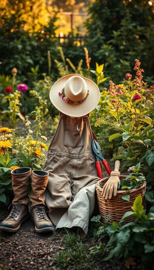 A lush, verdant garden setting with warm, diffused natural lighting. In the foreground, a collection of essential garden clothing items thoughtfully arranged - sturdy work boots with treaded soles, thick canvas overalls with reinforced knees, a wide-brimmed sun hat adorned with delicate wildflowers, and a pair of tough yet flexible gardening gloves. The middle ground features a variety of garden tools and accessories, including pruning shears, a trowel, and a woven basket. In the background, a harmonious blend of thriving plants, from leafy greens to vibrant blooms, creates a picturesque and functional backdrop. The overall mood is one of practical elegance, inviting the viewer to envision themselves as a stylish yet hardworking steward of the garden.