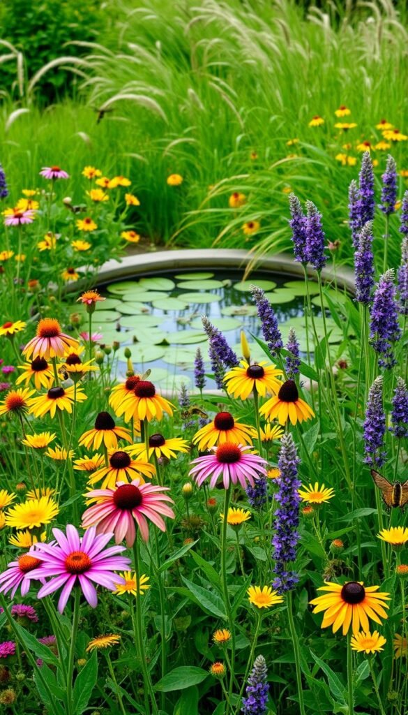 A lush, verdant garden teeming with life and vibrant colors. In the foreground, an abundance of native wildflowers - purple coneflowers, golden rudbeckia, and fragrant lavender - sway gently in a warm breeze. Clusters of bee-friendly plants provide ample nectar and pollen for a diverse array of pollinators, from honeybees to butterflies to hummingbirds. The middle ground features a tranquil water feature, its surface dotted with lilypads and the graceful movements of dragonflies. Surrounding the garden, a wispy, naturalistic meadow frames the scene, providing shelter and additional foraging opportunities for the pollinators. The entire composition is bathed in soft, diffused light, creating a serene, inviting atmosphere that evokes the harmony between nature and its winged visitors.