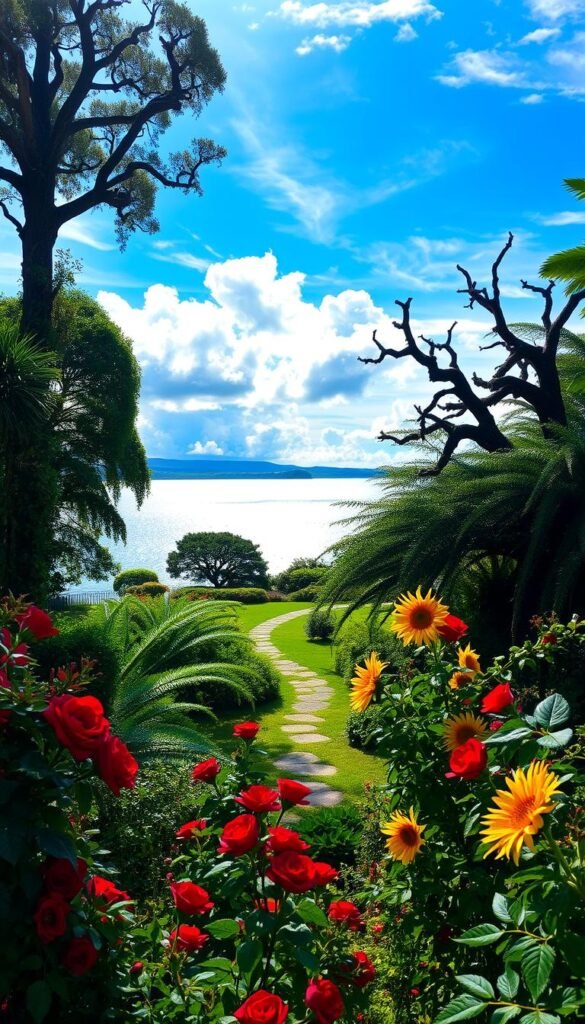 A lush, verdant garden with a serene, idyllic atmosphere. In the foreground, a riot of exotic blooms in vibrant hues - crimson roses, golden sunflowers, and cascading vines. The middle ground features a meandering path flanked by towering ferns and ancient, gnarled trees, their branches casting dappled shadows. In the background, a shimmering lake reflects the azure sky above, while wisps of fluffy clouds drift lazily overhead. The lighting is soft and diffused, creating an enchanting, dreamlike quality. An aura of peace and tranquility pervades the scene, inviting the viewer to bask in the splendor of this Edenic paradise.