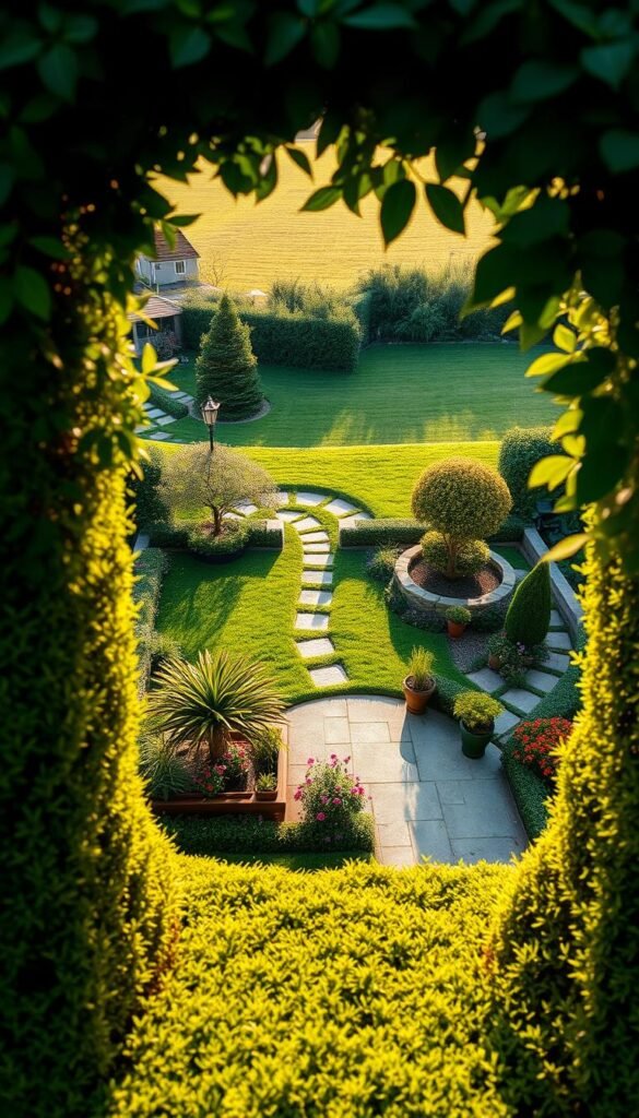 A lush, verdant garden with a thoughtful layout, bathed in warm, golden sunlight. In the foreground, a neatly pruned hedgerow frames the scene, guiding the eye towards a central patio area with carefully arranged flower beds and potted plants. The middle ground features a winding stone path that meanders through the space, inviting exploration. In the background, a well-maintained lawn stretches out, dotted with strategically placed trees and shrubs that provide depth and visual interest. The overall composition emphasizes balance, harmony, and the unique potential of this small, yet inviting outdoor oasis.
