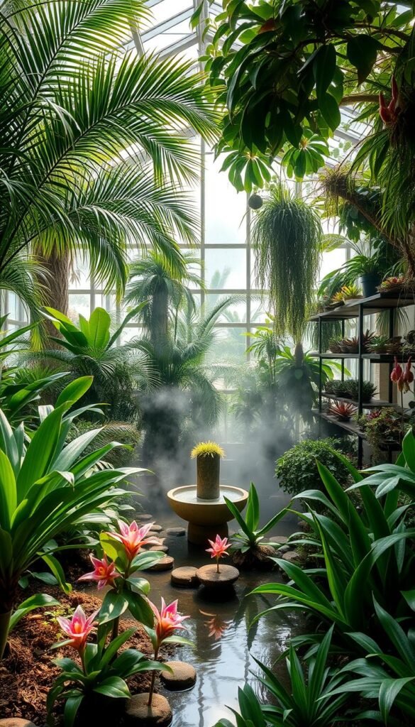 A lush, verdant greenhouse interior bathed in soft, natural light filtering through large, panoramic windows. In the foreground, a diverse arrangement of exotic plants - towering palms, vibrant bromeliads, and delicate orchids - thriving in carefully curated soil and humidity levels. The middle ground showcases a serene water feature, its gentle currents reflecting the greenery above. In the background, mist-shrouded, tiered shelves display a selection of rare, sculptural succulents and ferns, creating an atmosphere of tranquil, botanical wonder. The overall scene evokes a sense of peaceful seclusion, an oasis of harmonious coexistence between diverse and captivating plant life.