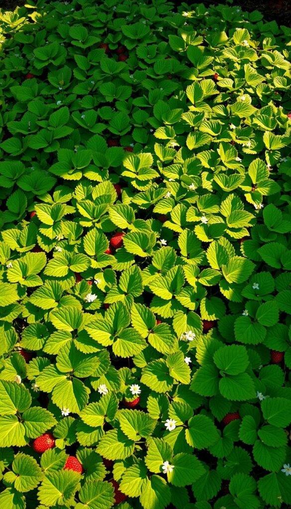 A lush, verdant ground cover of vibrant strawberry vines, their glossy green leaves forming a mesmerizing mosaic pattern. The sun casts a warm, golden glow, highlighting the intricate interplay of shapes and textures. Delicate white flowers dot the carpet-like expanse, adding a touch of enchantment. The scene is captured through a wide-angle lens, showcasing the seamless blend of the strawberry ground cover and the surrounding garden elements. An overall sense of rustic charm and natural harmony pervades the image, inviting the viewer to step into this idyllic, cottage-style landscape.