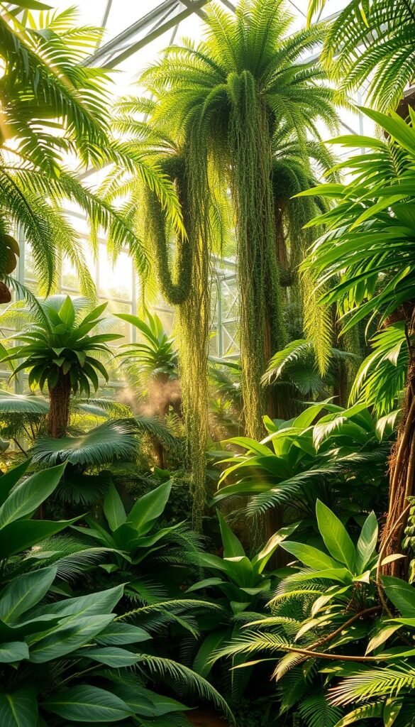 A lush, verdant indoor greenhouse filled with an abundance of thriving tropical plants. Towering ferns, cascading vines, and large-leafed specimens create a natural, immersive atmosphere. Soft, diffused sunlight filters through the glass walls, casting a warm, golden glow over the vibrant foliage. The scene evokes a sense of serene tranquility, a peaceful oasis tucked away from the outside world. Wisps of mist gently drift through the air, adding to the humid, earthy ambiance. The composition is balanced, with the plants arranged in a harmonious, organic manner, drawing the eye throughout the frame.