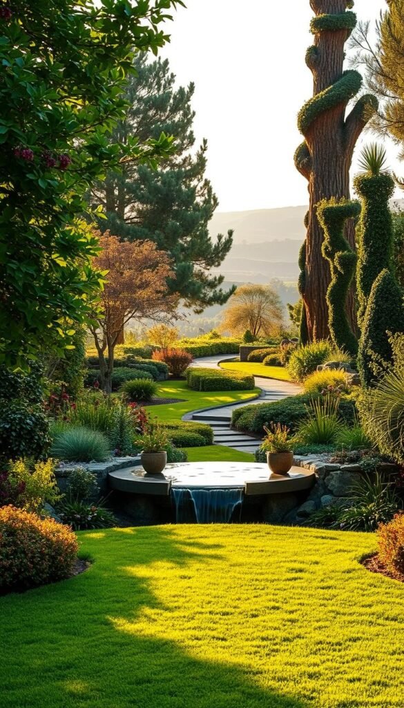 A lush, verdant landscape design showcasing harmonious integration of natural elements. In the foreground, a well-manicured lawn leads the eye towards a tranquil water feature with gentle cascading flow. Framing the scene, abundant foliage in a mix of vibrant greens, punctuated by the warm hues of seasonal blooms. In the middle ground, winding pathways invite exploration, flanked by artfully sculpted shrubbery and towering shade trees. The background reveals a panoramic vista of rolling hills, bathed in the soft, golden glow of the afternoon sun. This serene, balanced composition embodies the essence of a thoughtfully designed outdoor living space, inspiring a sense of natural beauty and rejuvenation.
