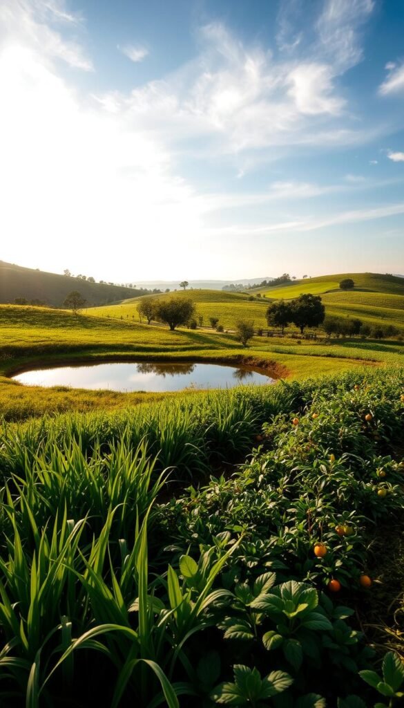 A lush, verdant landscape with a serene pond nestled amidst rolling hills. In the foreground, a diverse array of thriving vegetation - from deep-rooted grasses to nutrient-rich cover crops - showcases the benefits of optimal water management and soil health. Sunlight filters through wispy clouds, casting a warm, golden glow over the scene. The pond's surface reflects the surrounding landscape, creating a sense of harmony and balance. In the middle ground, fruit-bearing trees and shrubs dot the scene, their roots intertwined with the fertile soil. In the distance, a gentle slope leads the eye towards a horizon where the sky and land seamlessly merge, conveying a vision of a self-sustaining, permaculture-inspired ecosystem.