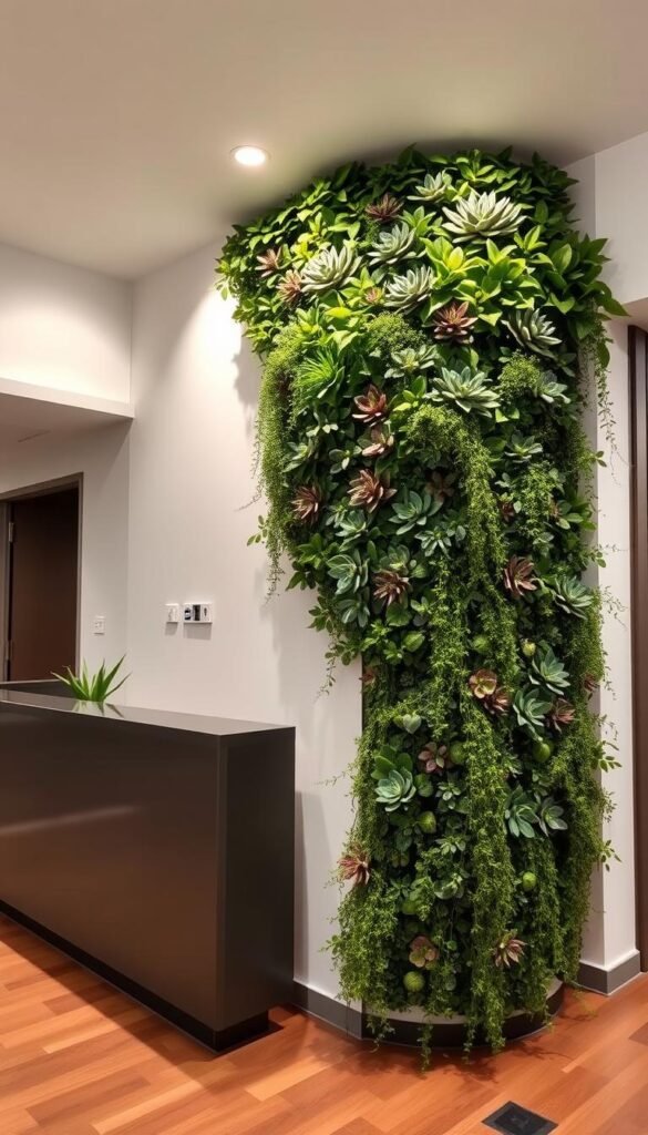 A lush, verdant living wall adorns the interior, cascading down the sleek, minimalist surface. Carefully curated succulent and trailing plant species create a tapestry of textures and colors, illuminated by soft, diffused lighting from above. The composition features a balanced, symmetrical design, with the plants artfully arranged to create an eye-catching focal point. The wall is set against a backdrop of clean, modern architectural elements, allowing the living greenery to take center stage and transform the space into a serene, nature-inspired haven. Captured with a wide-angle lens to showcase the full grandeur of the living wall, the image conveys a sense of harmony and tranquility.