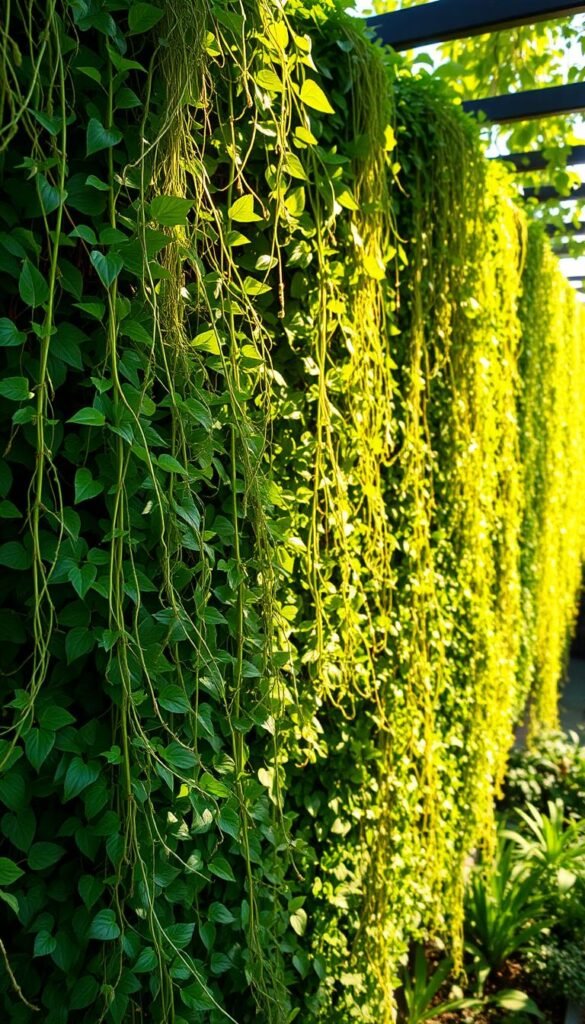 A lush, verdant living wall cascades gracefully, creating a captivating privacy screen. Tendrils of vibrant foliage spill over the edges, softening the rigid structure. Sunlight filters through the leaves, casting a warm, dappled glow across the scene. The living wall seamlessly blends with the surrounding garden, providing a visually striking and sustainable screening solution. Captured at a low angle, the image emphasizes the height and fullness of the verdant display, inviting the viewer to step into this serene, secluded oasis.