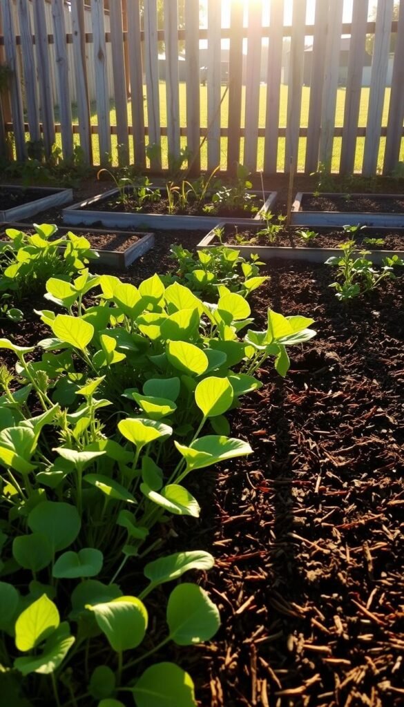 A lush, verdant no-till garden scene, bathed in warm, golden afternoon light. In the foreground, a diverse array of healthy perennial vegetables thriving amidst a thick layer of mulch, their leaves and stems gently swaying. Further back, raised garden beds filled with rich, dark soil, teeming with earthworms and beneficial microorganisms. In the distance, a weathered wooden fence frames the scene, casting long shadows across the soil. The overall atmosphere is one of harmony, sustainability, and the effortless abundance of a well-maintained no-till garden.