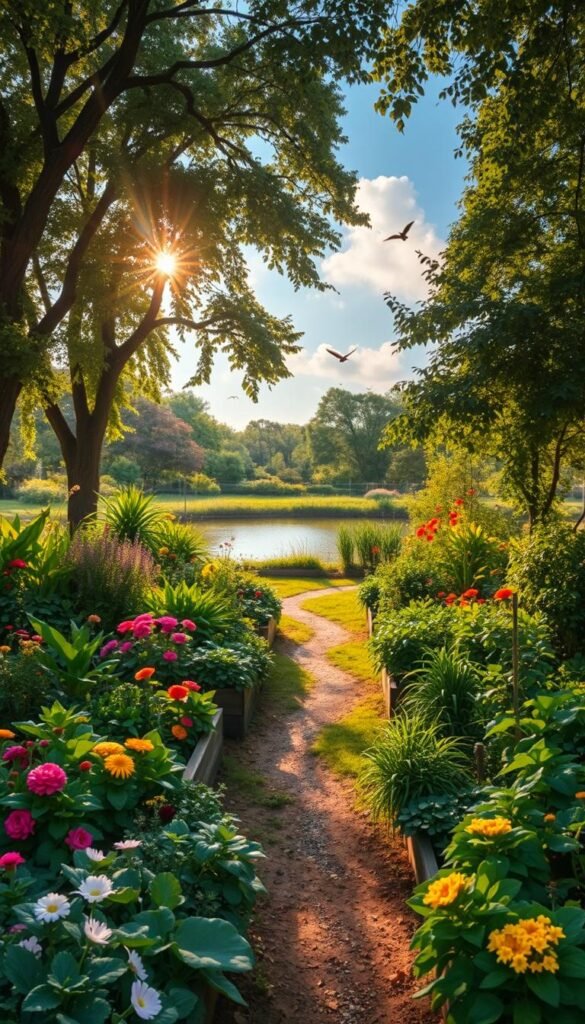 A lush, verdant oasis teeming with diverse edible plants, bathed in the warm glow of natural sunlight filtering through towering trees. In the foreground, raised garden beds overflow with vibrant vegetables, herbs, and edible flowers. Meandering paths wind through the middle ground, inviting exploration. Beyond, a tranquil pond reflects the azure sky and fluffy clouds above. Pollinators dart from bloom to bloom, while birds chirp melodiously. The entire scene exudes a sense of harmony and abundance, conveying the beauty and productivity of an organically-cultivated edible paradise.
