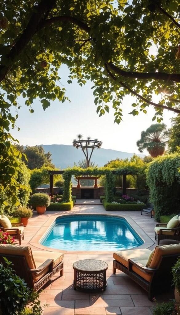A lush, verdant outdoor oasis, with a central focal point of a sparkling pool surrounded by a paved terrace. Trailing vines and fragrant flowers cascade over the edges, creating a sense of natural abundance. Plush, inviting lounge furniture in earthy tones dot the scene, beckoning visitors to relax and unwind. Dappled sunlight filters through the canopy of mature trees, casting a warm, golden glow across the serene landscape. In the distance, a pergola draped in climbing greenery frames the view, hinting at further enchanting discoveries. The overall atmosphere is one of tranquil, personalized escapism - a true haven for the senses.