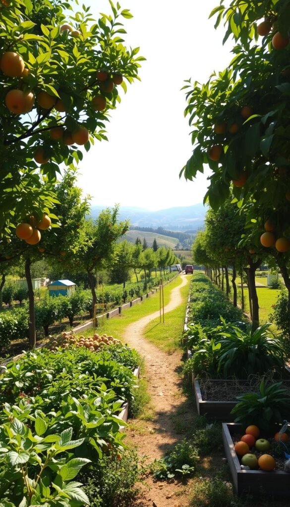 A lush, verdant outdoor scene showcasing the benefits of edible landscaping. In the foreground, a bountiful array of thriving fruit trees and vegetable beds, their vibrant foliage and ripe produce harmonizing in a visually striking composition. The middle ground features a meandering path winding through the edible oasis, inviting exploration. In the background, a serene backdrop of rolling hills and a bright, sun-dappled sky, casting a warm, inviting glow over the entire scene. Lighting is natural and soft, accentuating the organic textures and colors. The camera angle is slightly elevated, offering a panoramic view that captures the full scope of this productive, aesthetically pleasing landscape.