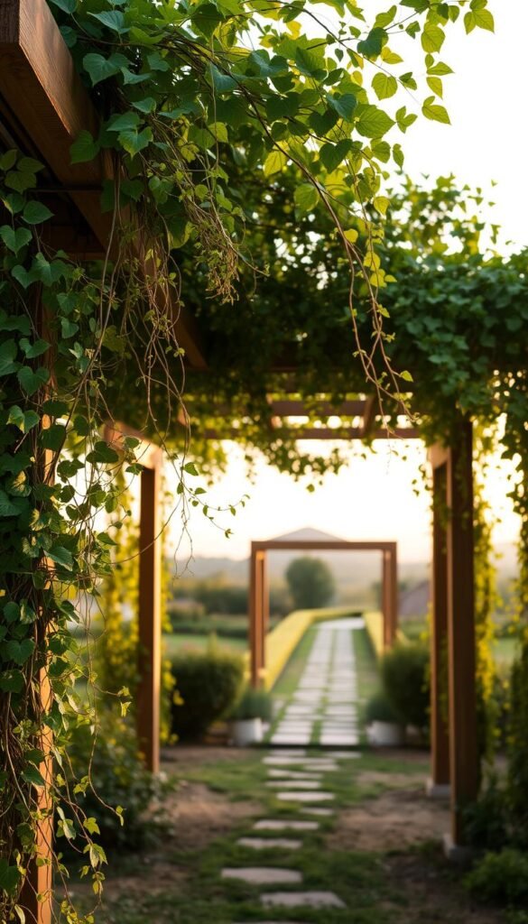 A lush, verdant pergola structure adorned with cascading vines and trailing foliage. In the foreground, a delicate network of climbing plants clings to the wooden beams, their vibrant leaves and delicate tendrils creating a natural, organic canopy. The middle ground features a sturdy, well-crafted pergola frame, its clean lines and elegant design complementing the surrounding greenery. In the background, a serene garden landscape with a gentle pathway leading towards the pergola, inviting visitors to step into this tranquil oasis. The scene is bathed in warm, golden light, creating a soft, inviting atmosphere that evokes a sense of harmony between the man-made structure and the natural world.