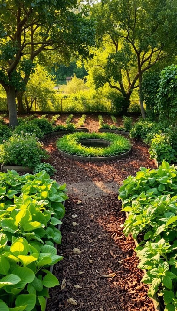 A lush, verdant permaculture garden, showcasing a step-by-step implementation process. In the foreground, a diverse array of thriving vegetable beds, with companion plants and mulch-covered pathways. The middle ground features a spiral herb garden, surrounding a central water feature. In the background, a cluster of fruit trees casts gentle, dappled shadows, creating a serene, natural atmosphere. The lighting is soft and warm, highlighting the vibrant colors and textures of the plants. The angle is slightly elevated, allowing the viewer to appreciate the interconnected layers of the permaculture system. An overall sense of harmony, balance, and sustainability permeates the scene.