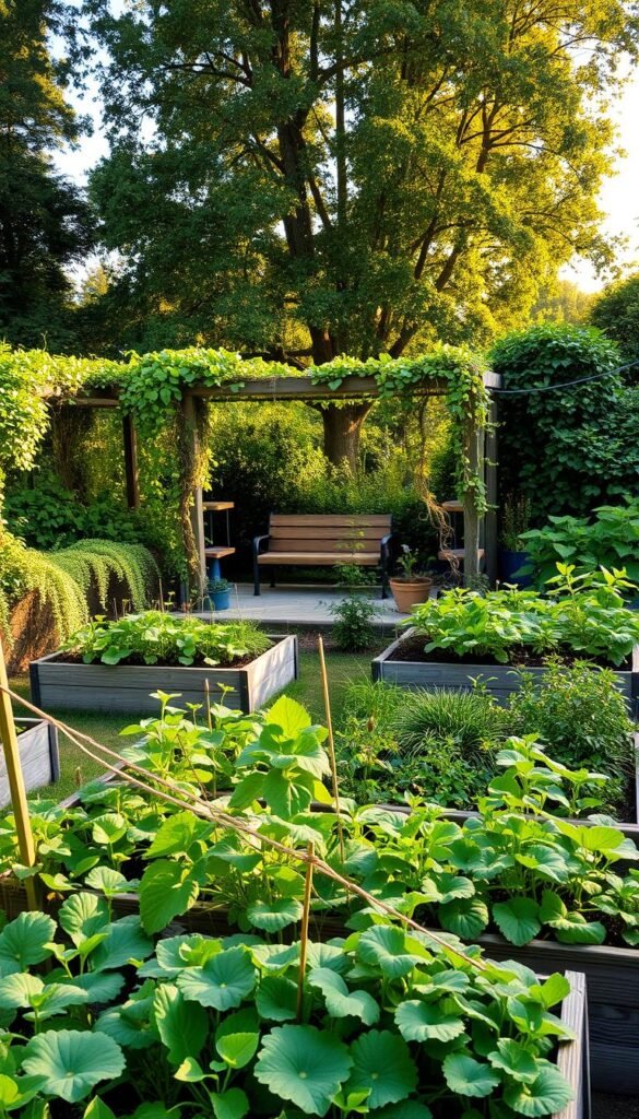 A lush, verdant permaculture garden showcasing the diversity of microclimates. In the foreground, raised garden beds with a variety of thriving plants, each positioned to maximize exposure to sun, wind, and water. The middle ground features a shaded seating area, surrounded by trailing vines and leafy shrubs that create natural windbreaks. In the background, a backdrop of towering trees casts dappled light, signifying the transition between sun-drenched and shaded zones. The overall scene exudes a sense of harmony, where each element is intentionally placed to harness the unique climate conditions of the space. Warm, soft lighting illuminates the scene, highlighting the intricate textures and vibrant hues of the carefully curated plants.