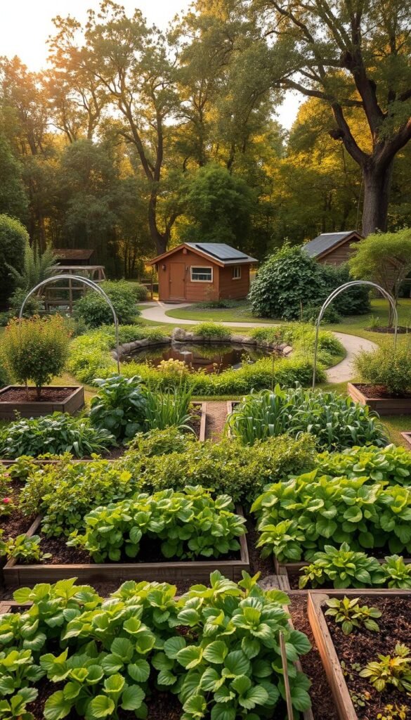 A lush, verdant permaculture garden spread out before the viewer, divided into distinct zones. In the foreground, raised garden beds brimming with thriving vegetables and herbs, meticulously arranged to maximize efficiency. The middle ground features a small, tranquil pond surrounded by strategically placed fruit trees and berry bushes, creating a diverse, self-sustaining ecosystem. In the background, a winding path leads the eye towards a cozy, earth-toned shed, its roof covered in solar panels, hinting at the sustainable energy sources powering this harmonious landscape. Warm, diffused sunlight filters through the canopy of mature trees, casting a serene, natural glow over the entire scene. The overall impression is one of careful planning, ecological balance, and the seamless integration of human activity with the natural world.