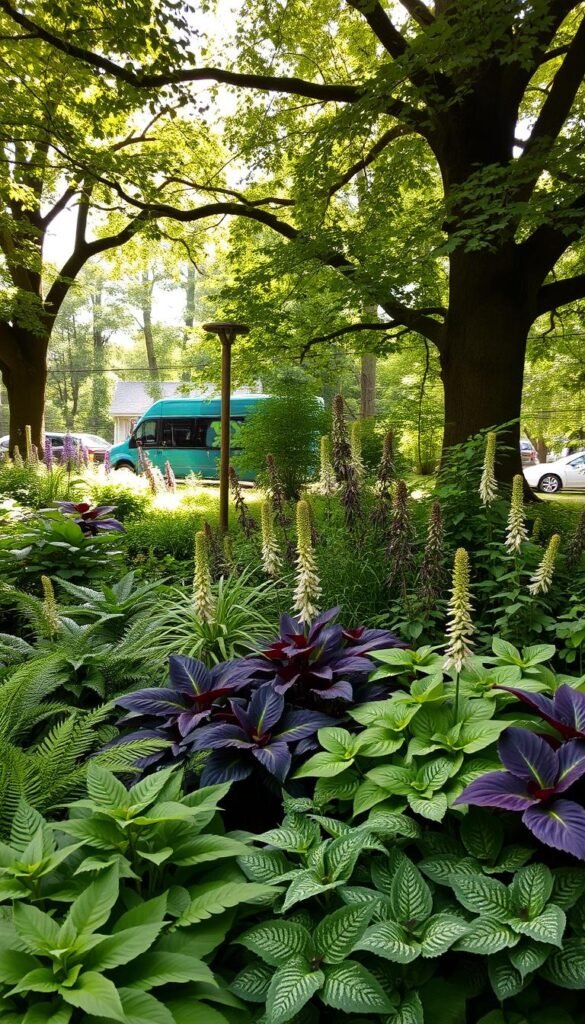 A lush, verdant shade garden with dappled light filtering through the overhead canopy of large, leafy trees. The foreground features a variety of low-growing, shade-tolerant plants like ferns, hostas, and caladiums, their foliage in shades of green, purple, and silver. The middle ground showcases larger perennials like astilbes and Solomon's seal, their graceful stems and delicate blossoms adding texture and depth. In the background, the silhouettes of the towering trees create a sense of enclosure, their branches casting gentle shadows across the tranquil scene. The lighting is soft and diffused, evoking a serene, contemplative atmosphere perfect for this shaded oasis.