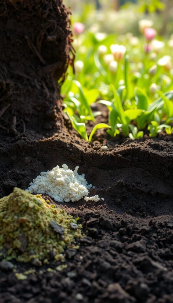 A lush, verdant soil landscape in soft, natural lighting. In the foreground, various soil amendments such as compost, peat moss, and ground limestone are neatly arranged, showcasing their role in balancing soil pH and providing essential nutrients. The middle ground depicts a cross-section of the soil profile, revealing its intricate layers and textures, from the dark, nutrient-rich topsoil to the lighter, more alkaline subsoil. In the background, a vibrant garden scene emerges, with delicate flower buds peeking through the soil, hinting at the potential for a thriving spring bloom. The overall atmosphere conveys a sense of harmony, balance, and the importance of careful soil preparation for a successful gardening season.