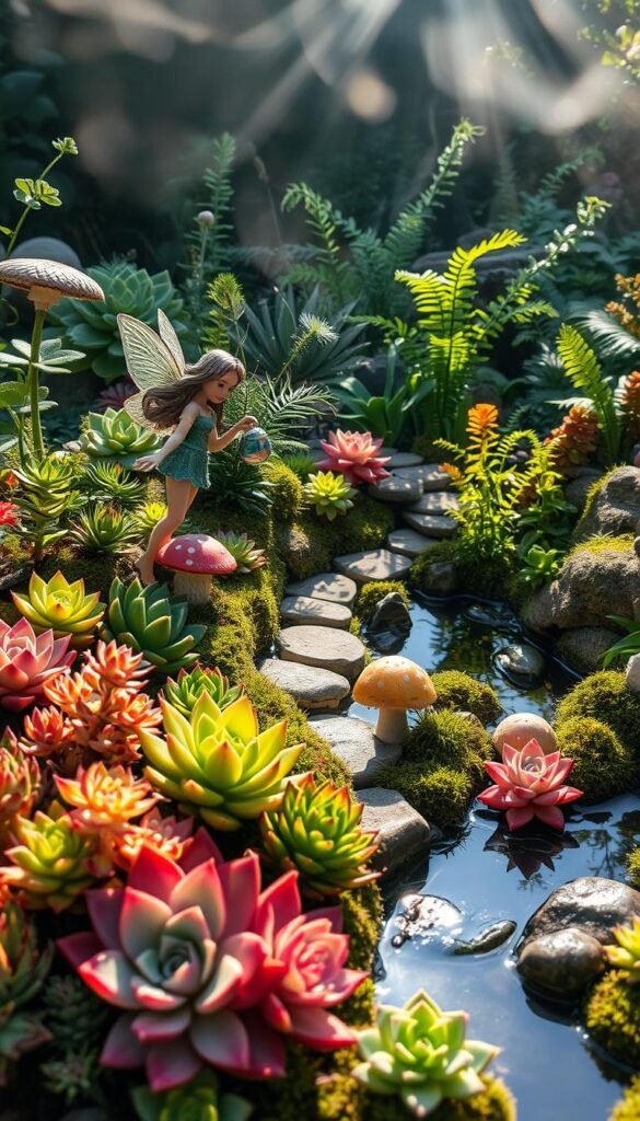 A lush, verdant succulent fairy garden with sunlight filtering through wispy clouds. In the foreground, a fairy figure gracefully waters an array of vibrant succulents, their intricate patterns and colors glowing in the soft natural light. The middle ground features whimsical mushroom-shaped toadstools and a miniature stone path winding through the garden. In the background, a serene pond reflects the scene, surrounded by a mix of larger succulents, ferns, and mossy rocks. The overall atmosphere is one of tranquility, enchantment, and low-maintenance harmony. A lush, verdant succulent fairy garden with sunlight filtering through wispy clouds. In the foreground, a fairy figure gracefully waters an array of vibrant succulents, their intricate patterns and colors glowing in the soft natural light. The middle ground features whimsical mushroom-shaped toadstools and a miniature stone path winding through the garden. In the background, a serene pond reflects the scene, surrounded by a mix of larger succulents, ferns, and mossy rocks. The overall atmosphere is one of tranquility, enchantment, and low-maintenance harmony.