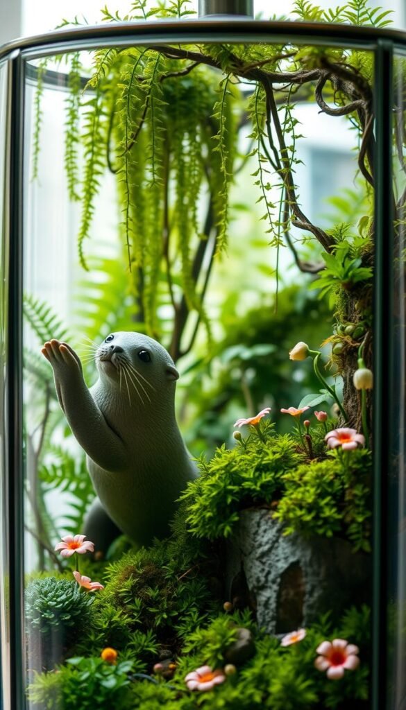 A lush, verdant terrarium with a sleek, glass enclosure, capturing the essence of a fairy garden realm. In the foreground, a delicate seal clings to the inner wall, its whiskers twitching as it gazes out at the enchanted world within. Cascading ferns, mosses, and miniature flowers create a whimsical, woodland-inspired backdrop, bathed in soft, natural lighting that filters through the transparent pane. The seal's playful expression and the overall tranquil ambiance evoke a sense of wonder and enchantment, inviting the viewer to step into this little oasis of serenity.