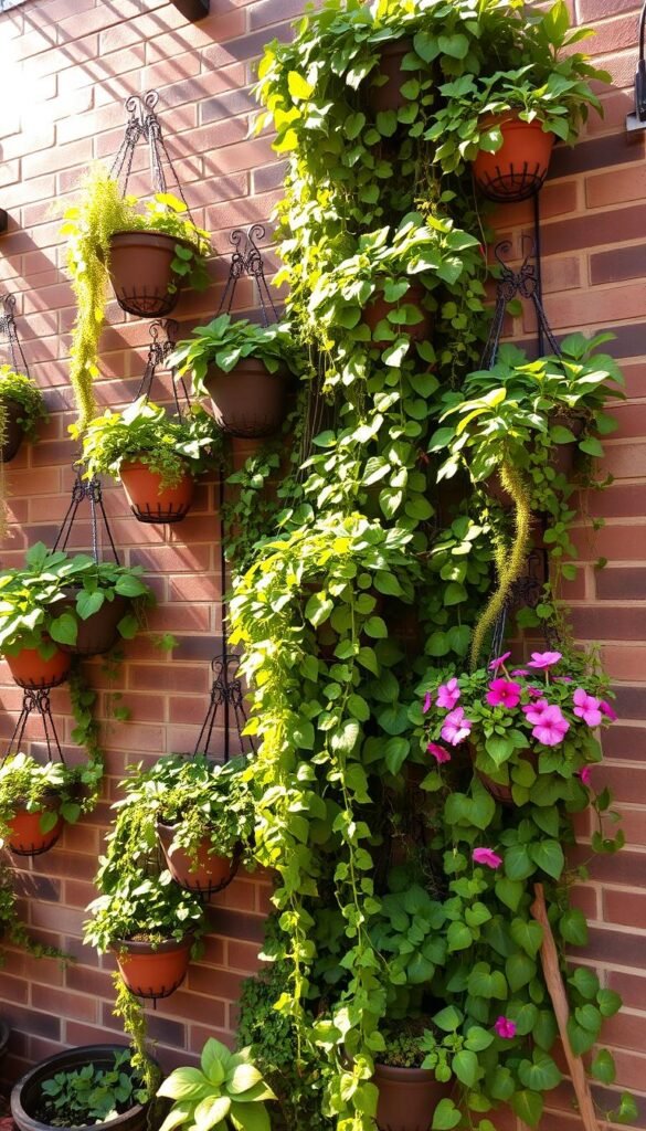 A lush, verdant vertical garden cascades down a sun-dappled brick wall. Carefully curated planters and hanging baskets overflow with a vibrant array of leafy greens, trailing vines, and colorful blooms. Intricate trellis structures support vining plants, creating layers of texture and depth. Warm, golden light filters through the foliage, casting gentle shadows and highlights. The overall composition conveys a sense of harmony and natural beauty, showcasing the potential of vertical gardening to maximize limited space. A wide-angle lens captures the full scene, highlighting the efficient use of vertical real estate and the visual impact of this compact, yet captivating garden design.