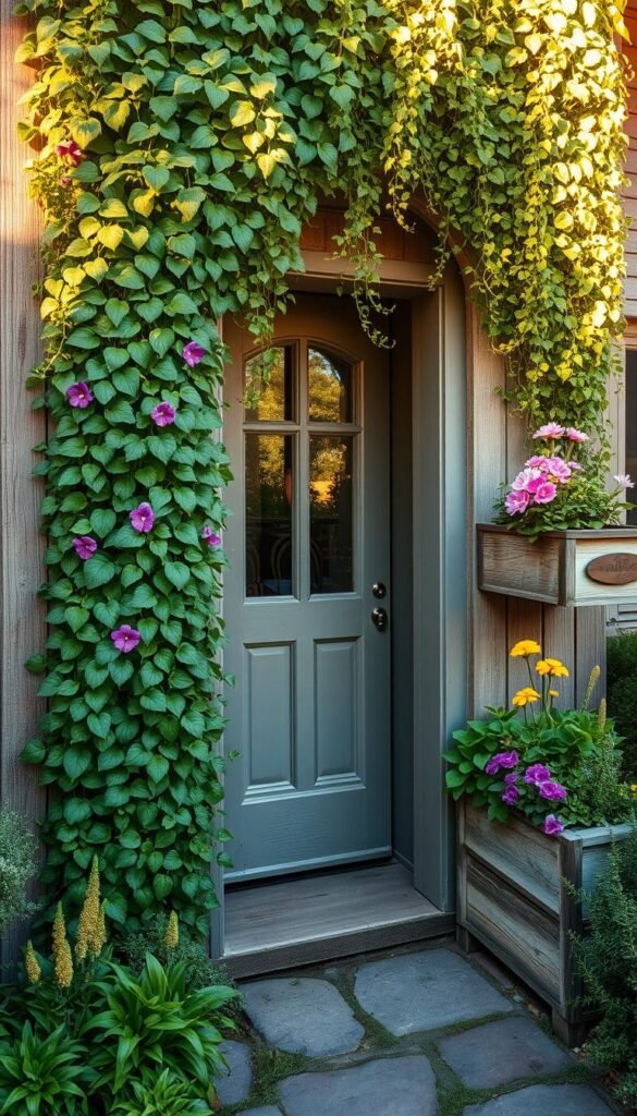 A lush, vertical garden adorned with raised planter beds, creating a verdant and welcoming entryway. The scene is bathed in warm, golden sunlight, casting a tranquil, natural glow. Verdant foliage cascades down the raised planters, which are constructed with weathered, reclaimed wood, blending seamlessly into the earthy aesthetic. Vibrant, flowering plants in shades of purple, pink, and yellow dot the composition, adding pops of color and visual interest. The scene is framed by a stone pathway leading to the entrance, inviting visitors to explore this inviting, nature-inspired small front garden.