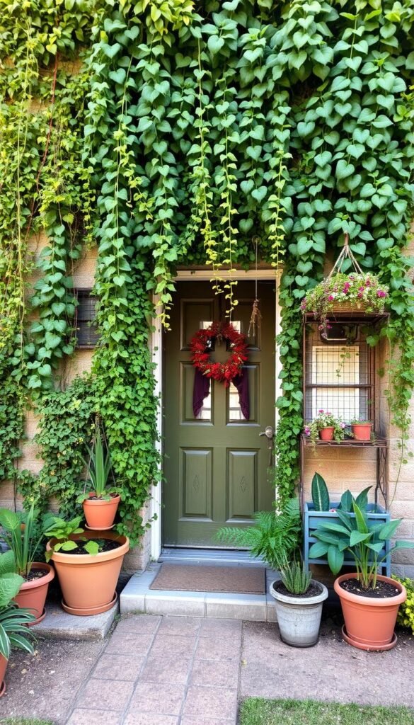 A lush, vertical garden adorning the exterior of a cozy, welcoming home. Cascading vines and foliage tumbling down the facade, creating a vibrant, natural tapestry. Potted plants and hanging baskets line the entryway, framing the door with pops of color. Soft, natural lighting filters through the greenery, casting a warm, inviting glow. The garden is meticulously maintained, with each plant purposefully arranged to create a harmonious, visually-striking composition. The overall atmosphere is one of tranquility and rustic charm, perfectly complementing the small, intimate front yard.