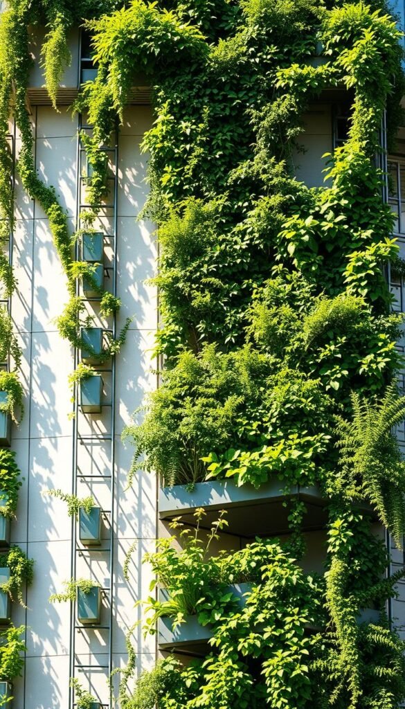 A lush, vertical garden system adorning a modern, minimalist building. Rows of verdant, thriving plants cascade down the facade, creating a living, textured wall. Sunlight filters through the foliage, casting warm, dappled shadows. Sleek, metal trellises and planters neatly organize the greenery, showcasing the ingenious, space-saving design. The composition emphasizes the harmony between architecture and nature, with the structured, geometric elements complementing the organic, undulating forms of the plants. An airy, serene atmosphere pervades the scene, inviting the viewer to envision the therapeutic, urban oasis.