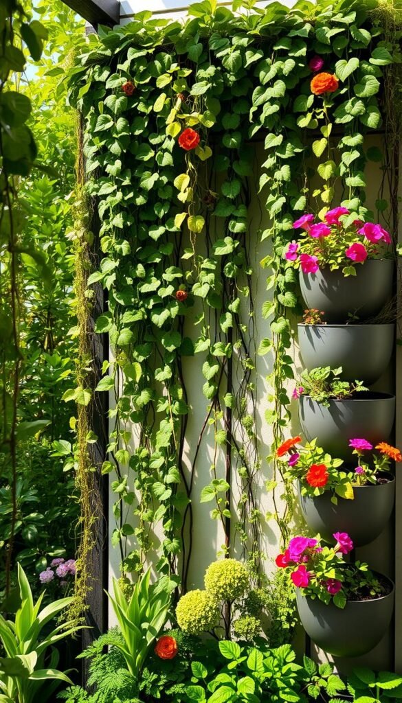 A lush vertical garden with cascading vines, vibrant flowers, and tiered planters. A sun-dappled backdrop of greenery frames the scene, creating a serene, nature-inspired atmosphere. The image showcases a well-designed, space-efficient layout that maximizes vertical real estate, perfect for small urban gardens. Overhead lighting casts a warm glow, highlighting the textural contrast between the plants and the sleek, modern planters. The composition emphasizes the harmonious integration of greenery and urban elements, demonstrating how vertical gardening can transform limited spaces into oases of verdant beauty.