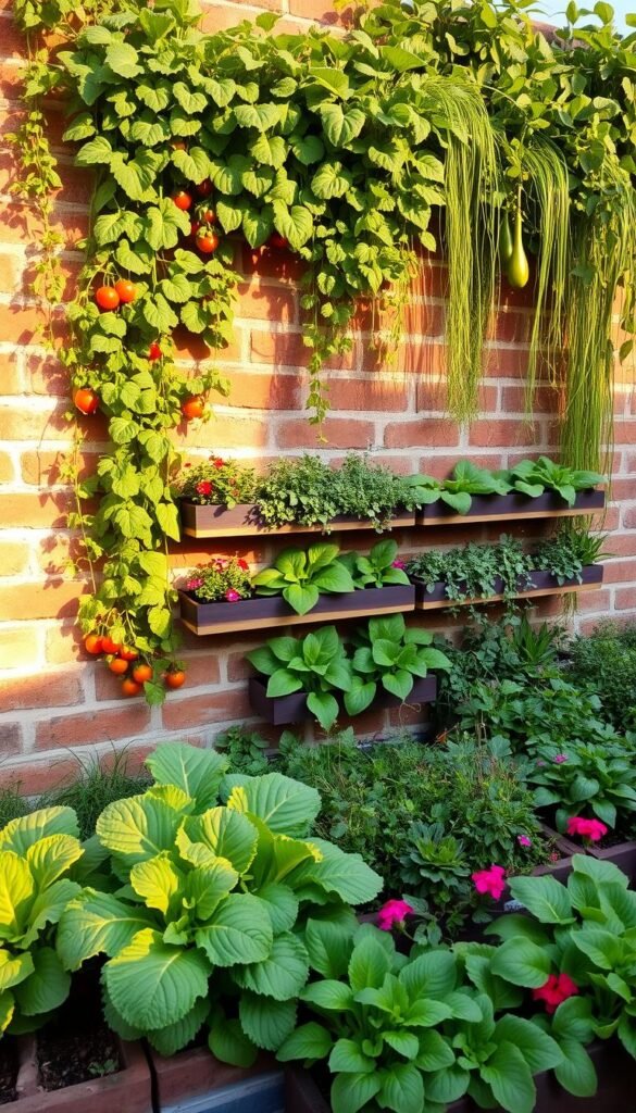 A lush, vertical vegetable garden cascading down a rustic brick wall, bathed in warm, golden afternoon sunlight. In the foreground, vibrant green leafy kale, Swiss chard, and spinach plants grow in neatly arranged planters. Trailing vines of cherry tomatoes and cascading nasturtiums add splashes of color. The middle ground features rows of compact lettuce and herbs in custom-built, staggered planter boxes. In the background, a verdant mix of trailing peas, climbing beans, and trailing squash vines cover the upper portion of the wall, creating a sense of abundance and productivity. The image conveys a harmonious blend of form and function, showcasing the versatility of vertical gardening.
