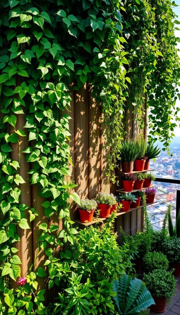 A lush, vertically-stacked garden featuring an array of verdant foliage cascading down a rustic wooden trellis. Dappled sunlight filters through the leaves, casting intricate shadows on the textured wall behind. In the foreground, a mix of trailing vines, flowering plants, and leafy greens create a visually striking display. The middle ground showcases a tiered arrangement of potted succulents and small shrubs, while the background features a tranquil, blurred urban landscape. The overall scene evokes a sense of serene, natural beauty seamlessly integrated into an urban setting.