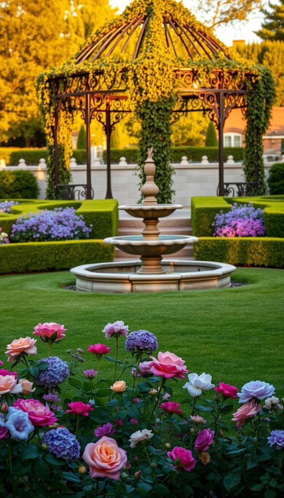 A lush, vibrant Bloxburg garden in the golden hour. Foreground features a manicured lawn dotted with colorful flowering plants - roses, lavender, and hydrangeas. Midground showcases an ornate stone fountain surrounded by neatly trimmed hedges in shades of green and purple. In the background, a wrought-iron gazebo is draped in cascading vines and illuminated by warm, soft lighting. The overall scene radiates a sense of tranquility and enchantment, inviting the viewer to step into this serene oasis.