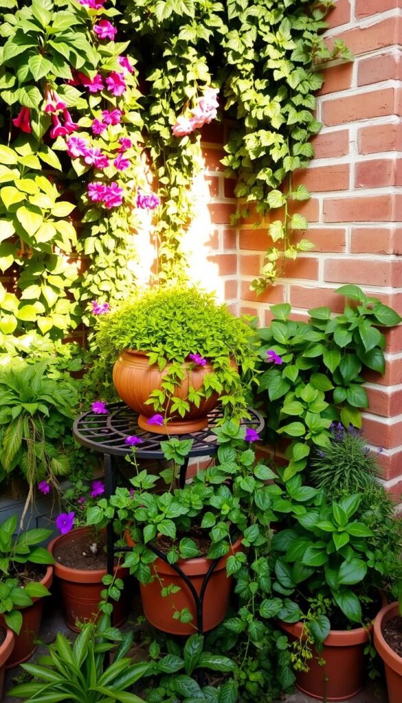 A lush, vibrant arrangement of thriving potted plants in a cozy outdoor corner. The foreground features a diverse mix of leafy greens, trailing vines, and colorful blooms spilling over terracotta pots. In the middle ground, a small wrought-iron table holds a rustic cement planter bursting with verdant foliage. The background showcases a charming brick wall, softened by the verdant cascade of plants. Natural light filters in, casting a warm, golden glow that accentuates the rich textures and vibrant hues. The overall scene evokes a sense of tranquility, inviting the viewer to imagine a serene, intimate retreat within a limited outdoor space.