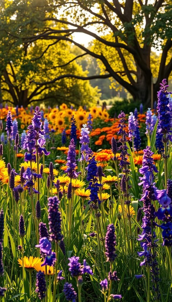 A lush, vibrant color theory garden bathed in warm, golden afternoon light. In the foreground, a captivating array of purple flowers - irises, lavender, and alliums - sway gently in a soft breeze. The middle ground features a harmonious blend of complementary colors, with yellow sunflowers, orange marigolds, and deep blue delphiniums creating a visually striking composition. In the background, a canopy of mature trees casts soft, dappled shadows, lending an air of tranquility to the scene. The overall mood is one of elegant sophistication, inviting the viewer to immerse themselves in the beautiful interplay of color, texture, and light.