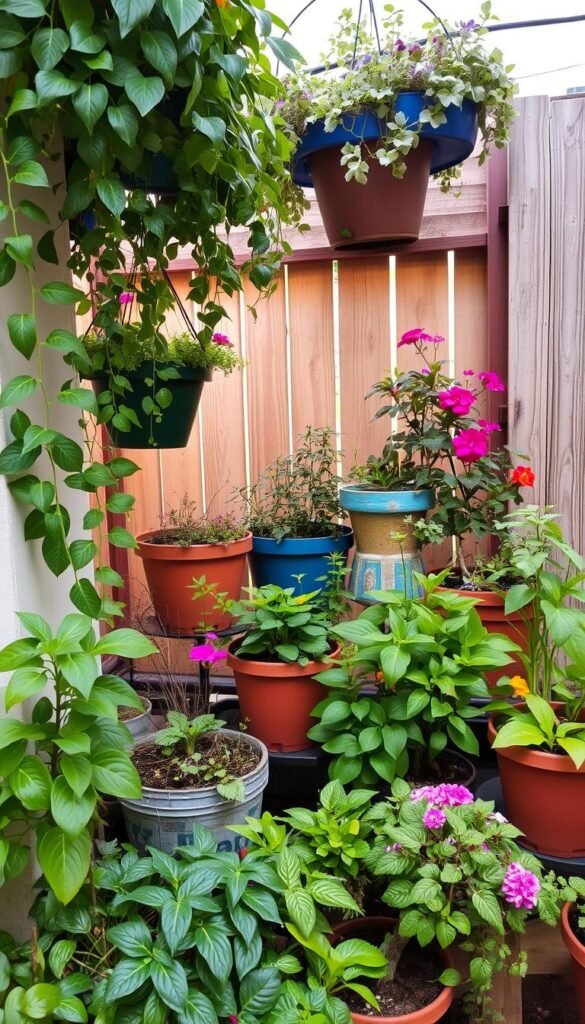 A lush, vibrant container garden nestled in a cozy urban setting. In the foreground, a variety of thriving potted plants, their leaves and blooms cascading gracefully. In the middle ground, a mix of hanging baskets, tiered planters, and unique upcycled containers, all bursting with color and texture. The background features a warm, natural-lit scene, with a weathered wooden fence or trellis providing a rustic backdrop. The overall composition conveys a sense of creativity, sustainability, and a harmonious integration of nature into a compact space. Soft, diffused lighting accentuates the verdant foliage and vibrant hues, evoking a welcoming, serene atmosphere.