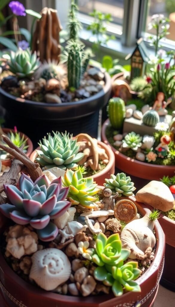 A lush, vibrant container garden showcasing a variety of themed displays. In the foreground, a coastal-inspired display features succulents, shells, and driftwood. In the middle ground, a desert-themed display boasts cacti, agave, and stone. In the background, a whimsical fairy garden blooms with delicate flowers, miniature figurines, and a dusting of fairy dust. Soft, natural lighting illuminates the scene, casting gentle shadows and highlighting the textural details. The composition is balanced, with the various themed elements arranged harmoniously to create a sense of enchantment and discovery. This image captures the essence of the article's subject, inviting the viewer to explore the unique and captivating world of themed dish gardens.