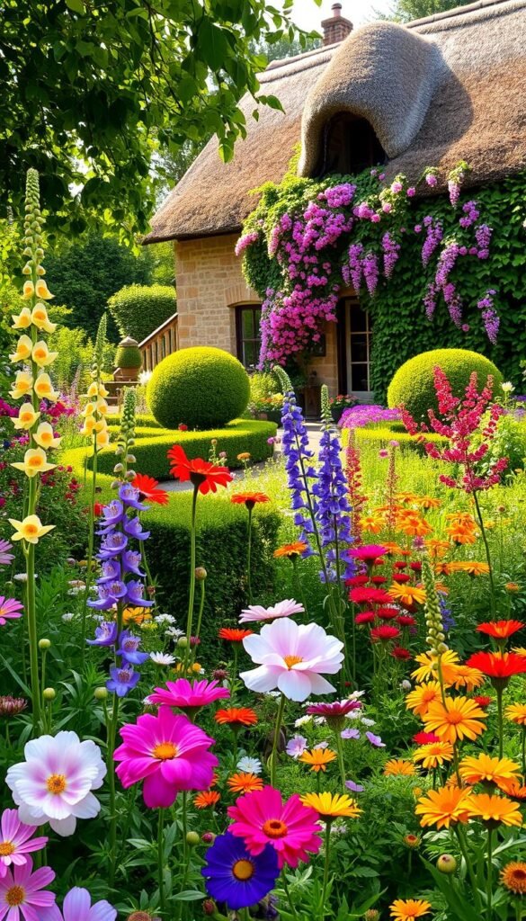 A lush, vibrant cottage garden filled with an abundance of blooming flowers and greenery. In the foreground, a vibrant array of colorful perennials such as peonies, foxgloves, and delphiniums sway gently in a soft breeze. The middle ground features a mix of flowering annuals like cosmos, marigolds, and zinnias, complemented by neatly trimmed boxwood hedges. In the background, a charming stone cottage with a thatched roof is partially obscured by a verdant canopy of climbing roses, wisteria, and jasmine, casting a warm, romantic glow over the scene. The lighting is soft and natural, with dappled sunlight filtering through the foliage, creating a serene and inviting atmosphere.