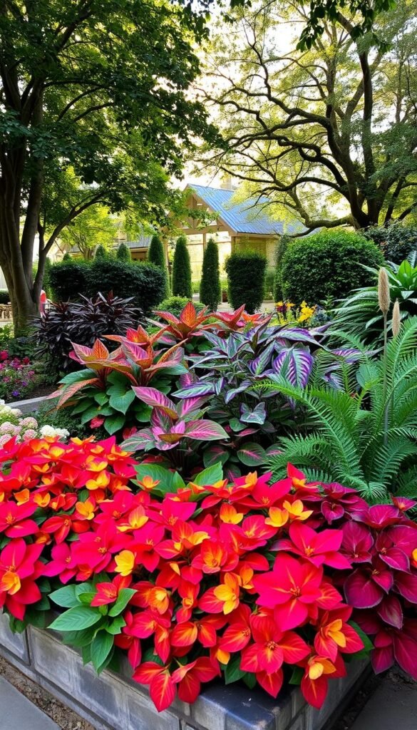 A lush, vibrant display of colorful annuals thriving in a shaded garden oasis. In the foreground, a medley of begonias, impatiens, and coleus in a rainbow of hues - reds, pinks, oranges, and deep purples - cascading over the edges of a stone planter. The middle ground features tall, stately caladiums with their large, elaborately patterned leaves, complemented by the delicate, lacy fronds of ferns. In the background, a dense canopy of shade-tolerant shrubs and small trees filters the light, casting a soft, dappled glow over the entire scene. The overall mood is one of cool, serene beauty, inviting exploration of this shady oasis.