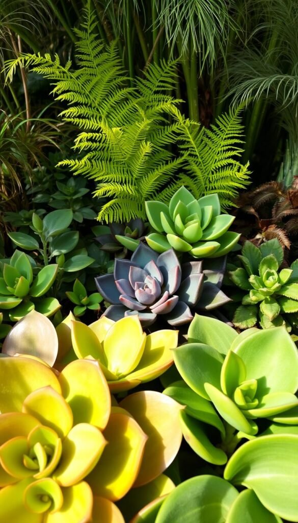 A lush, vibrant display of diverse plant textures, bathed in soft, natural lighting. In the foreground, an array of plump, velvety leaves in rich hues of emerald, jade, and sage, their surfaces reflecting the gentle illumination. Behind them, a tapestry of delicate, feathery fronds in shades of chartreuse and lime, gently swaying. In the middle ground, a cluster of glossy, succulent rosettes in tones of amethyst, plum, and indigo, their intricate patterns casting captivating shadows. The background features a harmonious blend of wispy, feathery tendrils and smooth, sculptural stems, creating a visually captivating and texturally diverse composition.