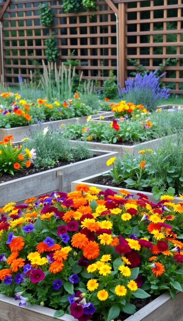 A lush, vibrant edible garden design with neatly arranged raised garden beds filled with a variety of colorful, edible flowers. The foreground features a focal point of cascading blooms, such as marigolds, nasturtiums, and violas, arranged in a visually appealing pattern. The middle ground showcases a mix of herbs, like rosemary, thyme, and lavender, interspersed between the flower beds. The background depicts a tranquil, natural setting with a wooden fence or trellis, providing a sense of structure and enclosure. The scene is illuminated by soft, natural lighting, creating a warm, inviting atmosphere. The overall composition emphasizes the harmony between the edible flowers, herbs, and the surrounding landscape, showcasing an aesthetically pleasing and functional edible garden design.