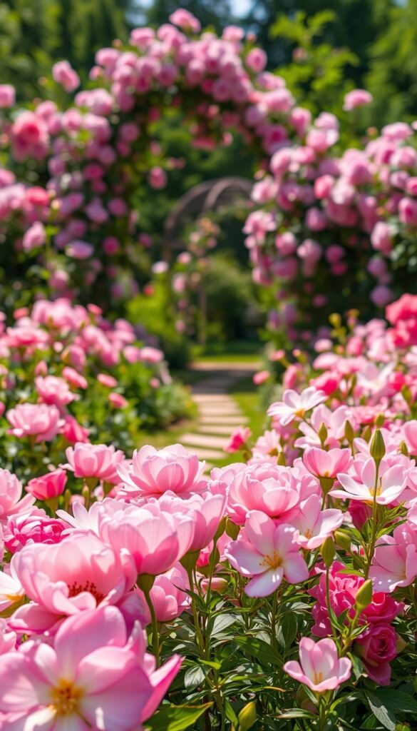 A lush, vibrant flower bed overflowing with an array of delicate pink blooms. The foreground features a soft focus on a mixture of peonies, roses, and lilies, their petals gently unfurling in the warm sunlight. The middle ground showcases a flowing garden path winding through the blossoms, inviting the viewer to step inside. In the background, a backdrop of verdant foliage and a hint of a romantic gazebo or trellis, creating a serene, enchanting atmosphere. Captured with a wide-angle lens to showcase the depth and beauty of this idyllic floral display, the image exudes a sense of tranquility and natural splendor.