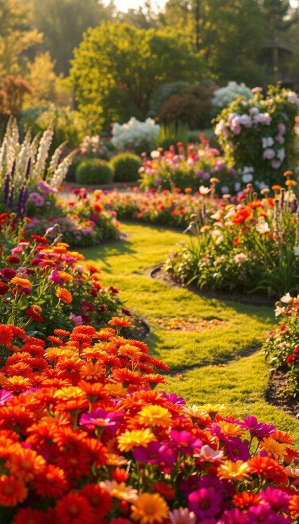 A lush, vibrant flower garden in springtime, transitioning through the seasons. In the foreground, a profusion of blooming annuals in a riot of colors - marigolds, zinnias, petunias - framing a winding garden path. The middle ground features perennial beds in full bloom, with delphiniums, peonies, and irises swaying gently in a soft breeze. In the background, a backdrop of mature flowering shrubs - rhododendrons, azaleas, and magnolias - create a sense of depth and seasonal change. Warm, soft lighting filters through the scene, casting a golden glow and creating long, romantic shadows. The overall impression is one of a dynamic, evolving floral display, transitioning seamlessly through the seasons.