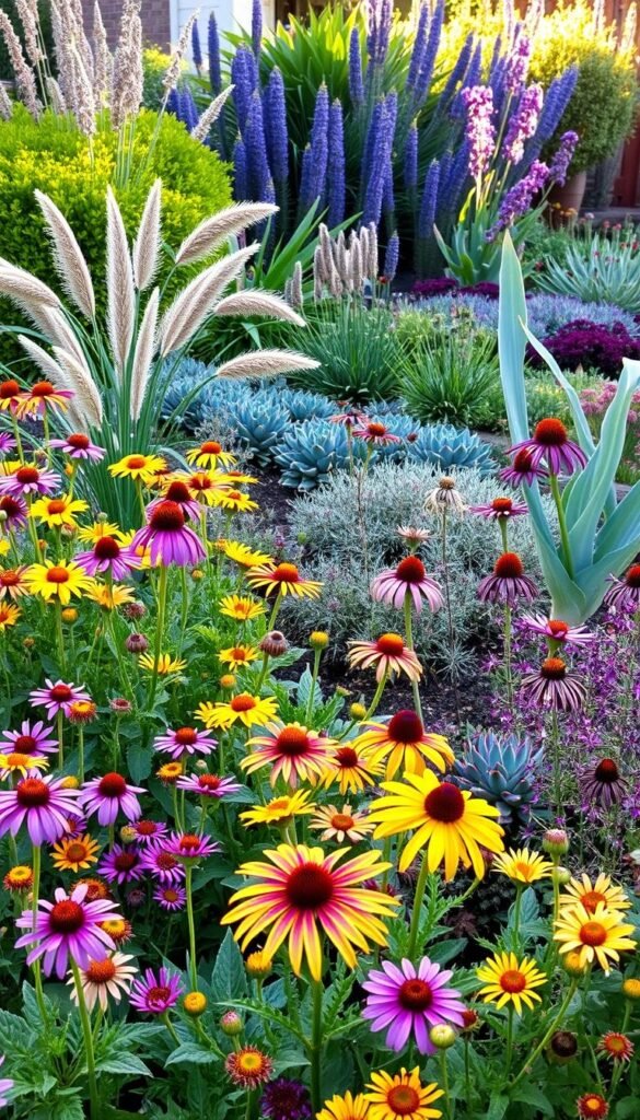 A lush, vibrant front yard garden filled with a variety of low-maintenance plants that thrive in direct sunlight. In the foreground, clusters of colorful flowering perennials like purple coneflowers, yellow rudbeckia, and pink Echinacea sway gently in a warm breeze. The middle ground features a mix of ornamental grasses and hardy succulents, their unique textures and hues complementing the blooms. In the background, a row of verdant, drought-tolerant shrubs like lavender and Russian sage create a natural, inviting border. The lighting is soft and diffused, casting a warm, golden glow over the entire scene. Captured from a slightly elevated angle to showcase the depth and dimension of this carefully curated, low-maintenance oasis.