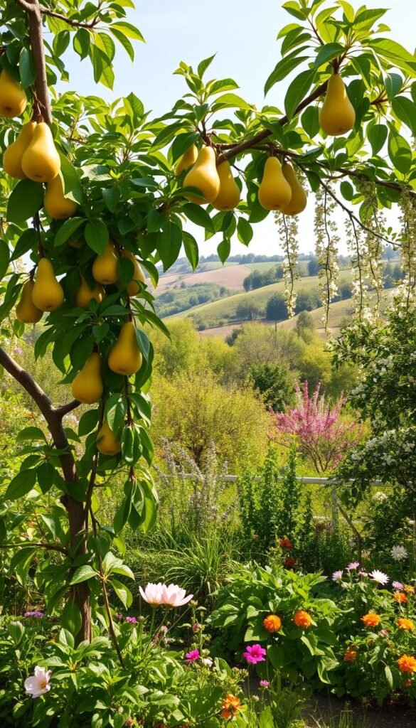 A lush, vibrant fruit tree guild design set in a sun-dappled garden. In the foreground, a flourishing pear tree with ripe golden fruit, its branches intertwined with a verdant climbing vine. Surrounding it, a diverse understory of leafy greens, vibrant flowers, and trailing vines, creating a harmonious edible landscape. In the middle ground, a mix of apple, plum, and cherry trees in full bloom, their delicate blossoms cascading down. The background features a rolling landscape dotted with more fruit trees, their canopies casting gentle shadows on the scene. The lighting is soft and warm, accentuating the rich colors and textures of the garden. Captured with a wide-angle lens to showcase the depth and complexity of this flourishing fruit tree guild design.